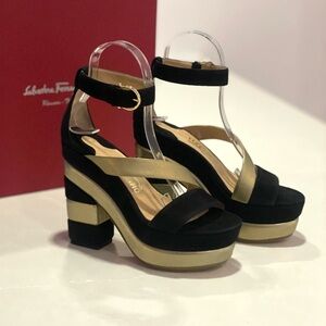Salvatore Ferragamo Rare Sculptural Black and Gold Platform Heels New with box